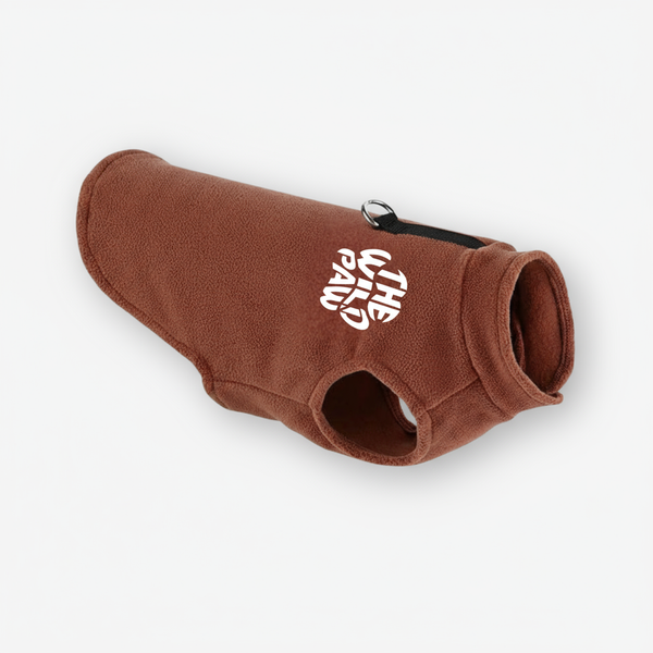 Brown dog coat with a logo on a white background