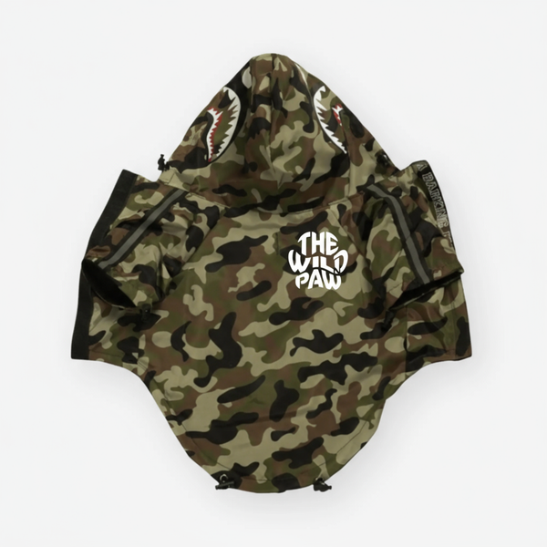 Camouflage hoodie with 'The Wild Paw' logo on a white background