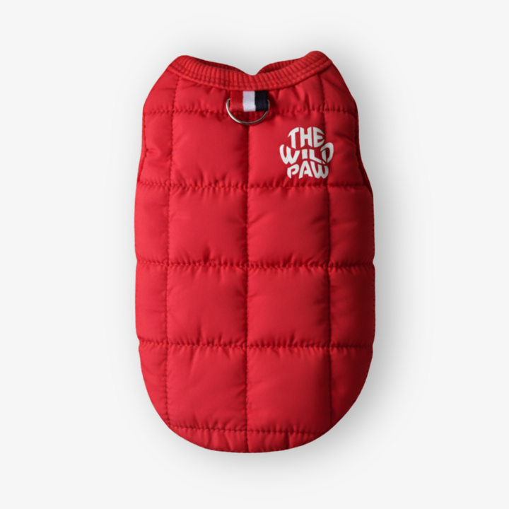 Red puffer vest for pets with 'The Wild Paw' logo on a white background