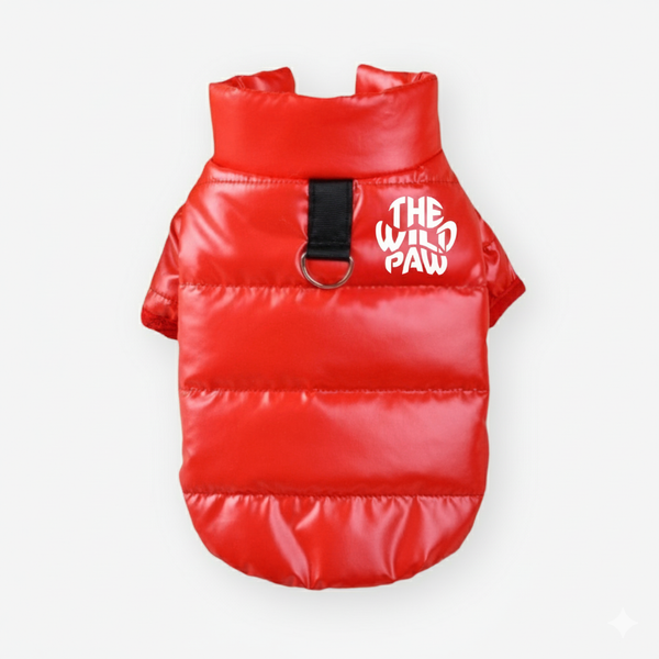Red puffer vest with 'The Wild Paw' logo on a white background