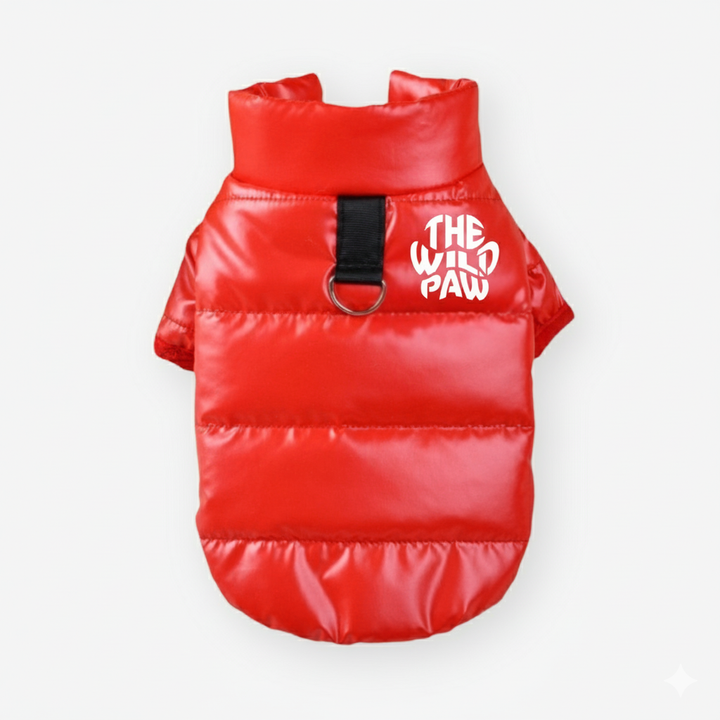 Red puffer vest with 'The Wild Paw' logo on a white background
