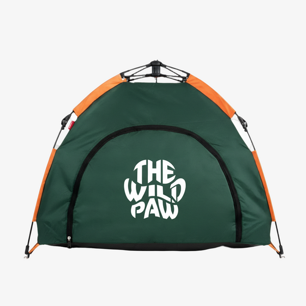 Green and orange tent with 'The Wild Paw' logo on a white background