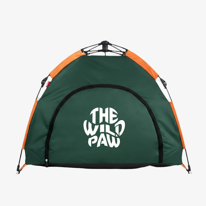Green and orange tent with 'The Wild Paw' logo on a white background