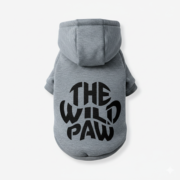 Gray hoodie with 'The Wild Paw' text on a white background