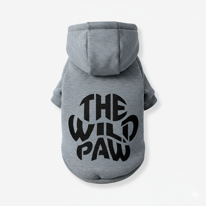 Gray hoodie with 'The Wild Paw' text on a white background