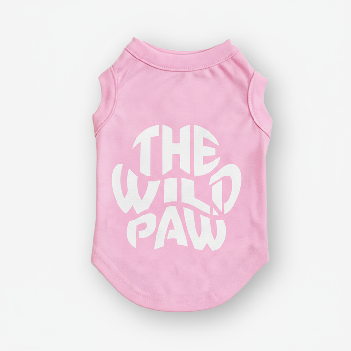 Pink pet shirt with 'The Wild Paw' text on a white background