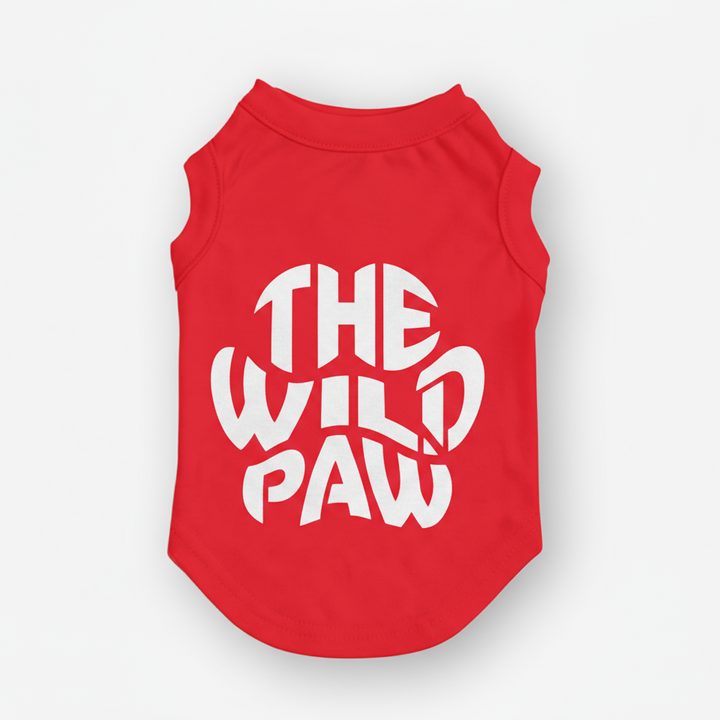 Red pet tee with 'The Wild Paw' text on a white background