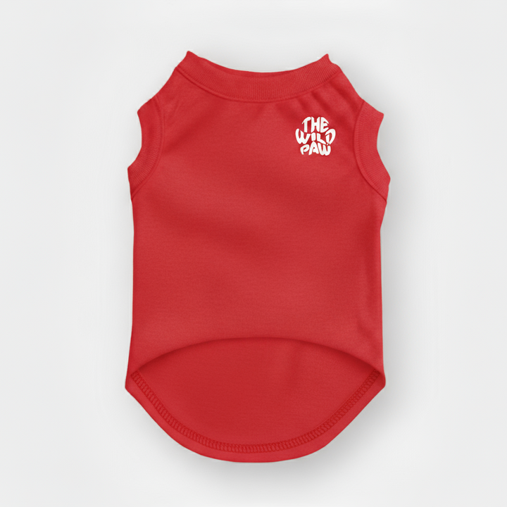 Red dog tee with 'The Wild Paw' logo on a white background