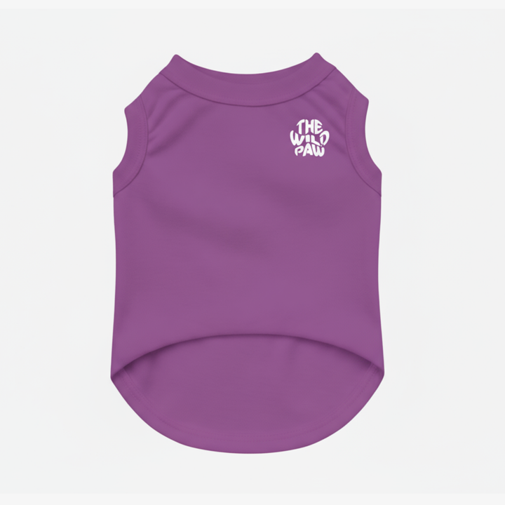 Purple dog tank top with 'The Wild Paw' logo on a white background