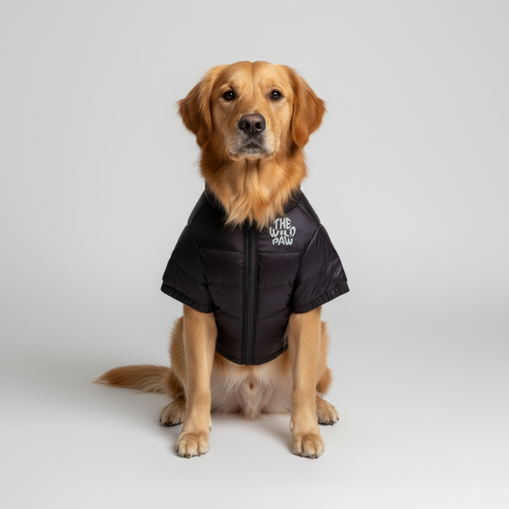 Black puffer jacket for a dog with 'The wild paw' logo on a white background