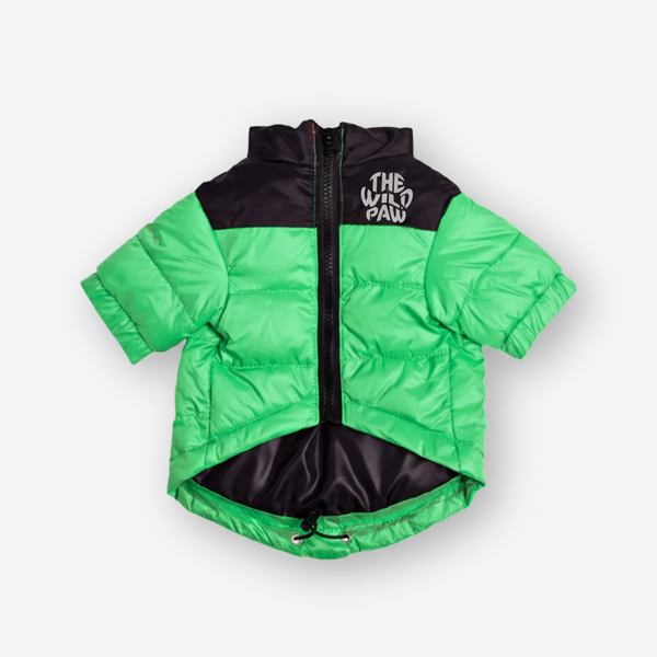 Green and black puffer jacket with 'The Wild Paw' logo on a white background