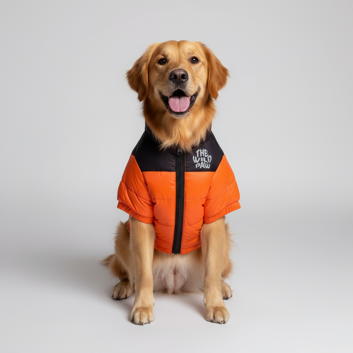 A Golden Medium Sized Dog wearing Orange Highlander Insulated Jacket from The Wild Paw