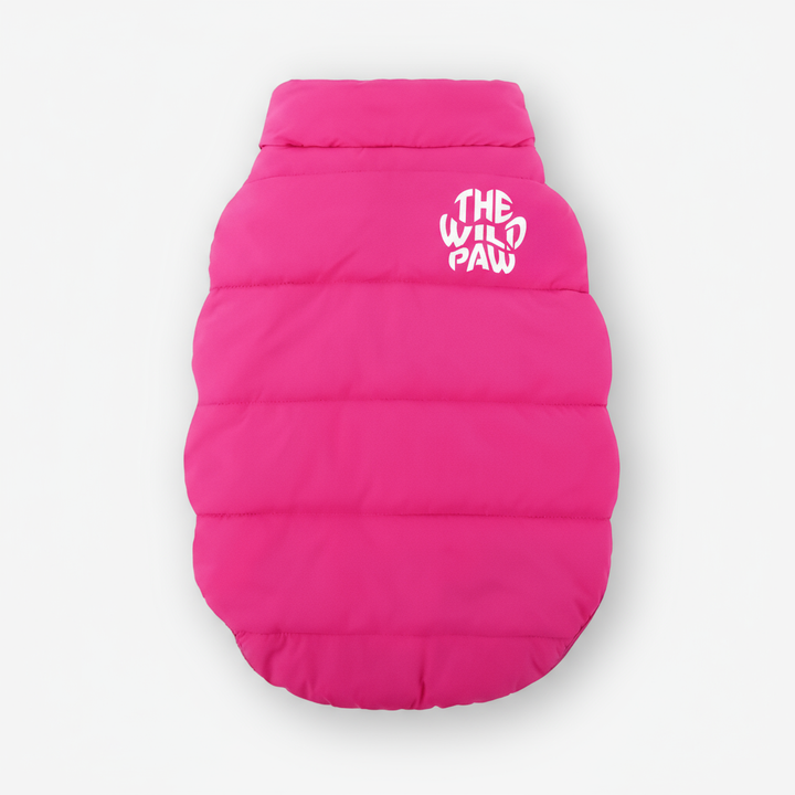 Pink dog puffer jacket with 'The Wild Paw' logo on a white background
