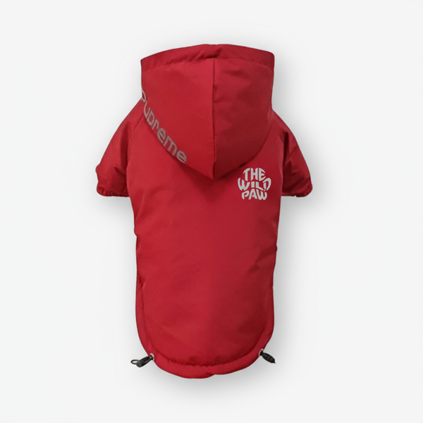 Red dog coat with 'Supreme' and 'The Wild Paw' logos on a white background