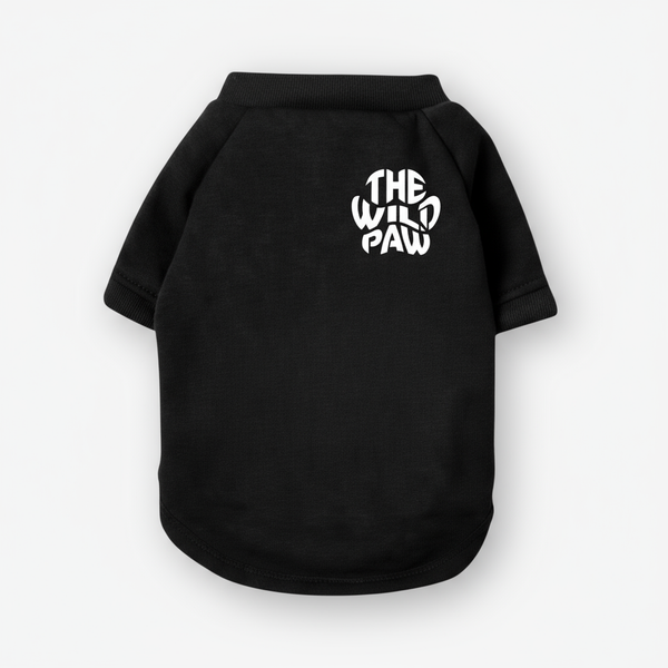 Black pet sweatshirt with 'The Wild Paw' logo 