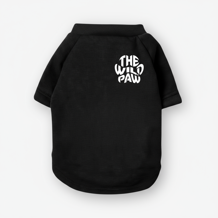 Black pet sweatshirt with 'The Wild Paw' logo 