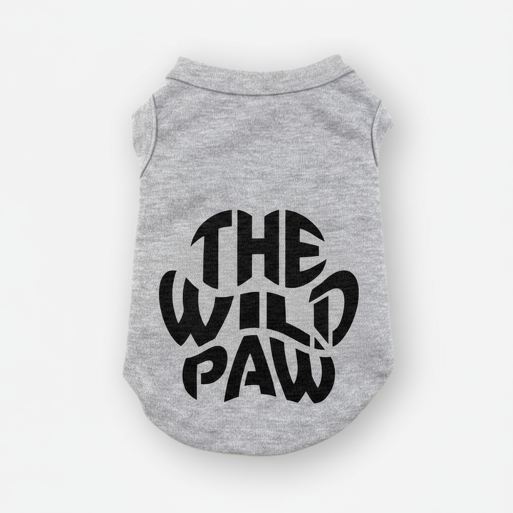 Gray pet shirt with 'The Wild Paw' text on a white background