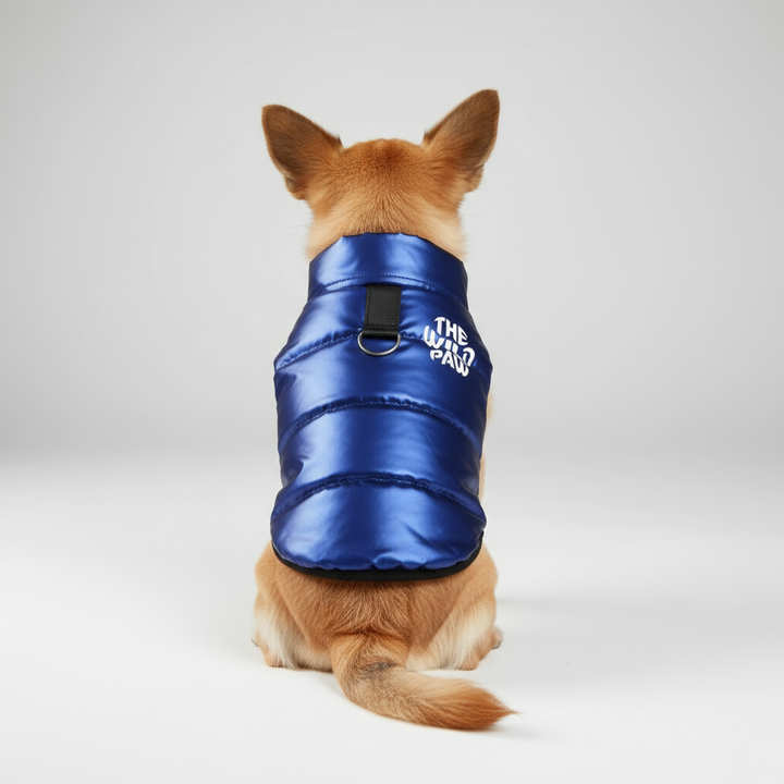 Blue puffer jacket for dogs with 'The Wild Paw' logo 