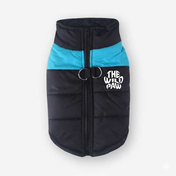 Black and blue dog coat with 'The Wild Paw' logo on a white background