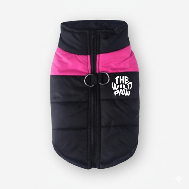 Black and pink dog coat with 'The Wild Paw' logo on a white background